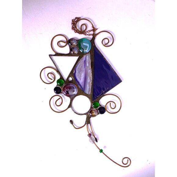 Caruso & Foschi Designs Signed Stained Glass, Natural Stone, Copper Suncatcher - Picture 5 of 16